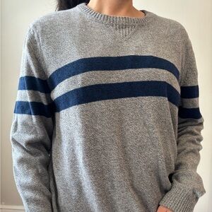 American Eagle Cotton Stripe Gray & Blue Crew Neck Sweater - Woman's Medium